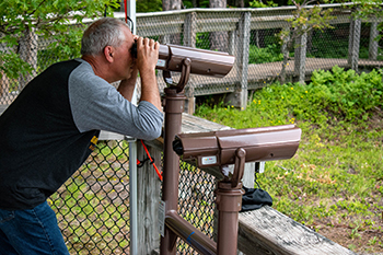 A park visitor looks through one of the new colorblind viewers at the Lake of the Clouds Scenic Overlook.