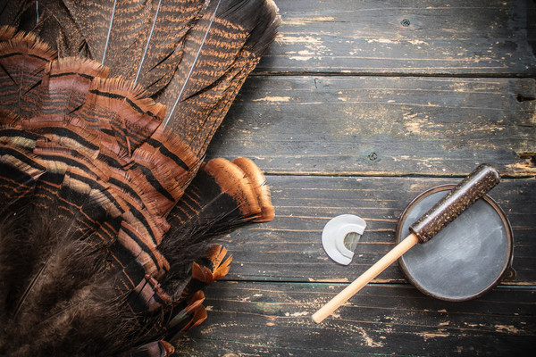 A turkey tail fanned out on the left hand side of the image and a turkey call on the right hand side sitting on top of wooden deck planks.