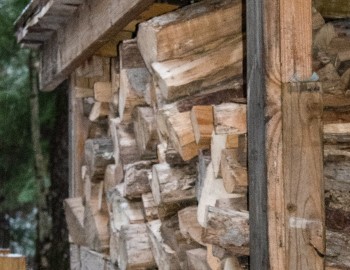 A shed full of stored, seasoned firewood.