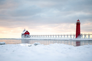 pier and lighthouse during winter