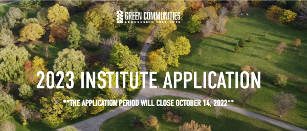 Green Communities Leadership Institute 2023 banner with forest background and Oct. 14 application deadline
