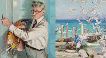 A split image of two paintings: a self-portrait of the artist on the left, and a flock of gulls on a Great Lakes beach on the right.