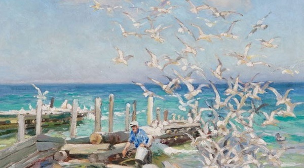 A painting by Mathias J Alten of a flock of gulls taking flight from a Great Lakes beach as a person with a bucket walks away from the water..