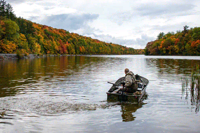 A hunter in a boat travels down a river with fall colored trees on either side. Animated waves move from the boat motor.