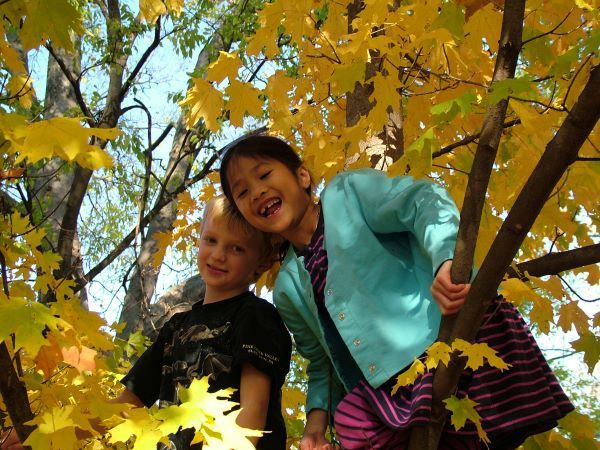 Two children, a boy and a girl, laugh while surrounded by fall leaves.