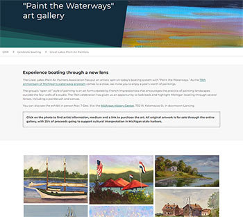 Screenshot of Paint the Waterways online exhibit featuring an introduction and paintings