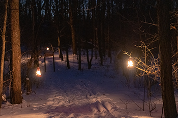 snowy trail lit with lamps