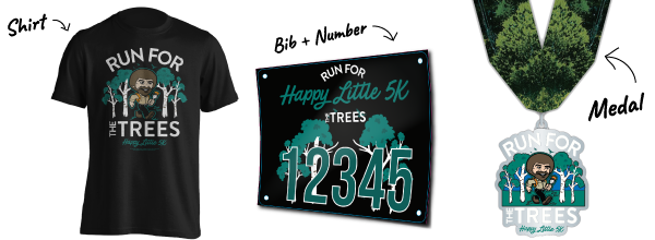 T-shirt, bib and medal with drawing of Bob Ross holding paintbrush with trees in background