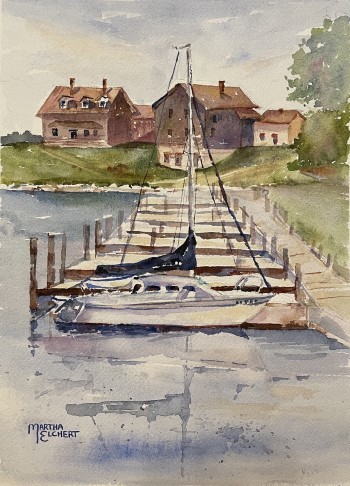 A watercolor painting of a sailboat docked at a harbor with historic buildings on a calm summer's day. 