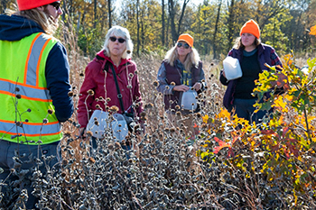 A DNR staffer talks with seed gathering in the field with volunteers.