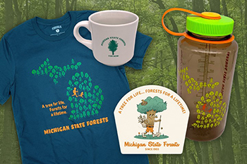 forest-themed T-shirt, mug, sticker and water bottle