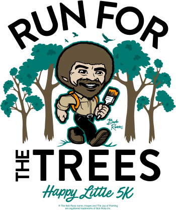 A cartoon image of Bob Ross walks through a forest while holding a paintbrush, text says "Run for the Trees."