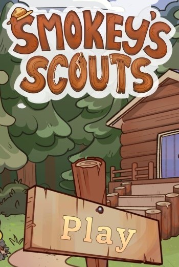 A screenshot of the start page of Smokey's Scouts. A rustic wooden sign says "play."
