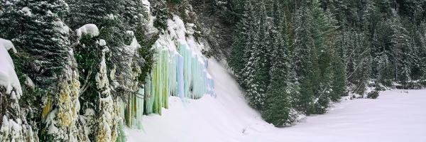 Unmarked snow blankets the conifers and frozen river as sheets of ice ranging from periwinkle to chartreuse cascade from the falls.
