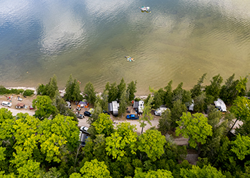 bird's eye view of campground and water
