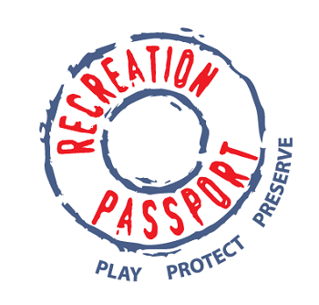 circular blue graphic, almost like a life preserver, with words Recreation Passport inred text, wrapped by blue words Play, Protect, Preserve