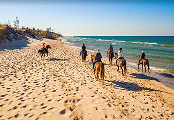 An equestrian group rides along the beach at Silver Lake.