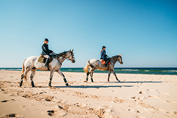 Two riders on horses enjoy the beach at Silver Lake "Black Stallion" style.