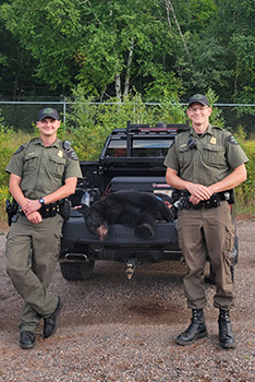 Two conservation officers with confiscated bear in bed of truck