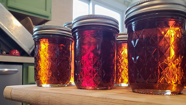 Mason jars filled with syrup sit on a countertop. 