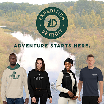 models wearing Detroit Expedition-branded hoodie, T-shirt and sweatshirt