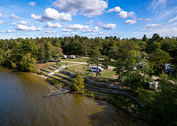 bird's eye view of campground and lake