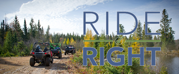 ORVs riding on trail with Ride Right logo