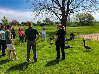 Participants in the turkey workshop receive decoy instruction outdoors.