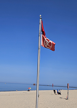 red flag on pole with blue sky on beach