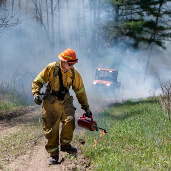 A firefighter helps conduct a prescribed burn on a grassland area