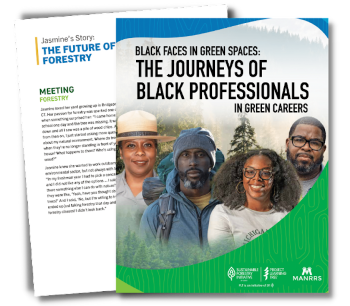 The cover of "Black Faces in Green Spaces," where four Black employees in green careers are shown with a tree-lined background. 