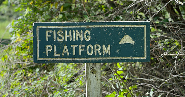 Weathered Fishing Platform sign with trees in background