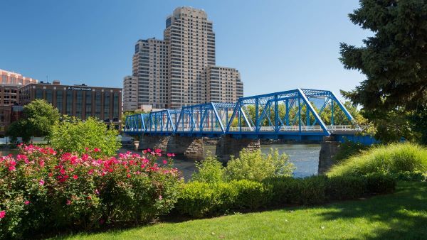 A bridge in front of tall buildings with lots of greenery surrounding it. 