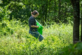 a short-haired woman wearing headphones and a green short holds a neon green bag as she walks through tall grass in a forested area