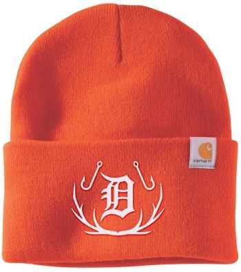 Orange stocking cap with Detroit Tigers logo and fishing hook