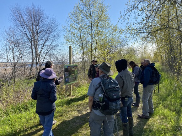 A group of ten birders stand around a bird identification sign on the Portage Marsh birding trail in Escanaba. 