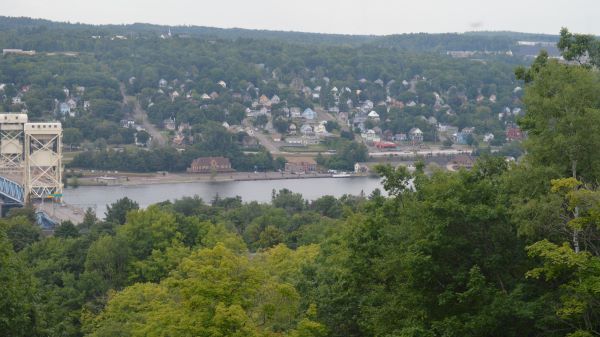 A tree canopy lives next to a large metal bridge and a river. Across the river is a neighborhood with tree lined streets. 