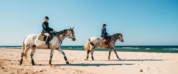 two visitors with helmets riding horses along the sandy shoreline