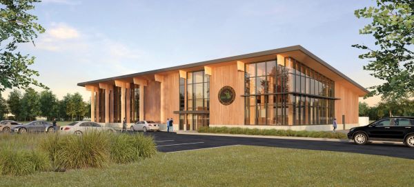 An artist's rendering of the new Newberry Customer Service Center, built with mass timber construction techniques