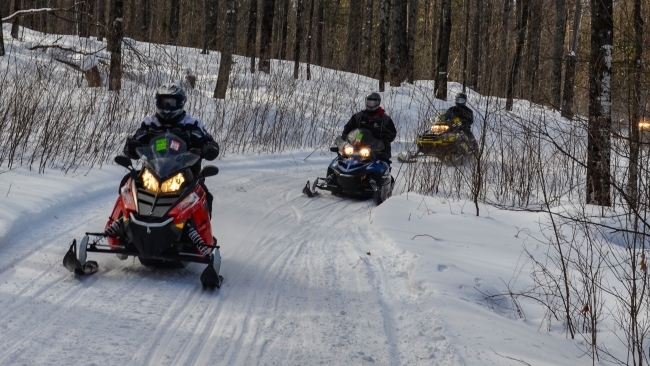 Three snowmobilers ride on snowy trail through woods in Clare County, Michigan.