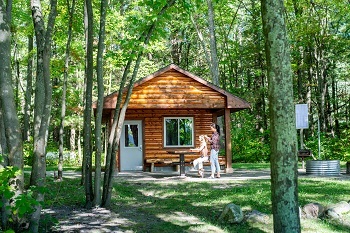 a standing woman braids a young girl's hair as she sits at a picnic table outside a cedar log cabin in a lush, green forest