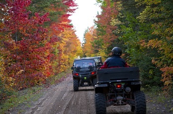 Several dark-colored off-road vehicles drive single-file down a dirt road surrounded by  red, orange, gold and green fall trees