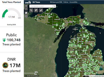 Mi Trees map showing tree planting icons. Data panel shows 17.1 million trees planted: approx. 100,750 by community members, 17M by DNR.