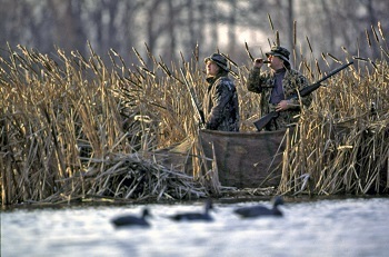 two men in camo stand in a reedy, marshy area, bright sun behind them; one uses as duck call as decoys float in low water in front