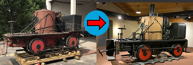 Two images side-by-side show a steam locomotive before and after restoration. 