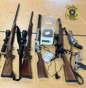 four rifles, two pistols and two grams of cocaine on a table