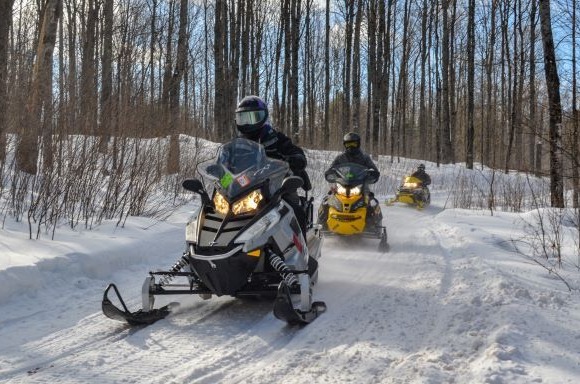 Three snowmobiles on groomed trail through woods on sunny winter day