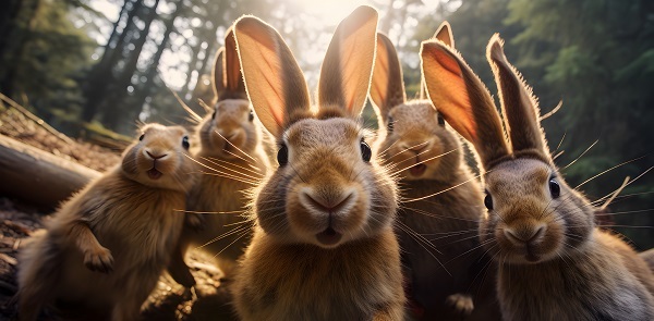 small group of tan rabbits in the woods, their ears upright and white whiskers sticking out, stare at the camera