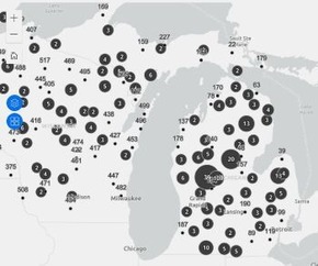 Screenshot of MSU woodshed map showing numbered dots on areas of Michigan and Wisconsin