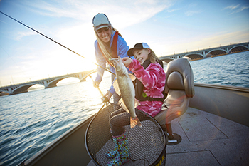 mother and daughter walleye fishing in boat on Detroit River